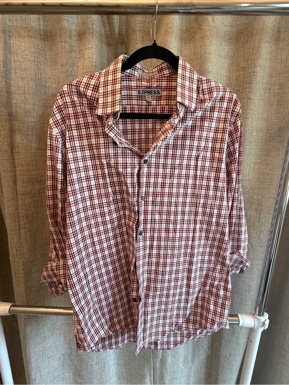 Express Men’s Red and White Plaid Button-Down Shirt